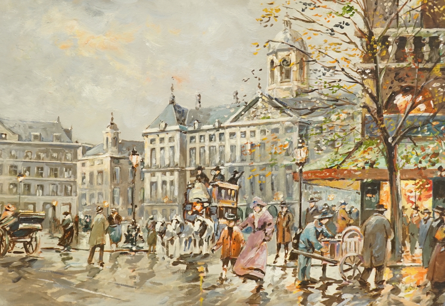 Style of Antoine Blanchard (1910-1988), Impressionist oil on canvas, Parisienne street scene with figures, 31 x 44cm